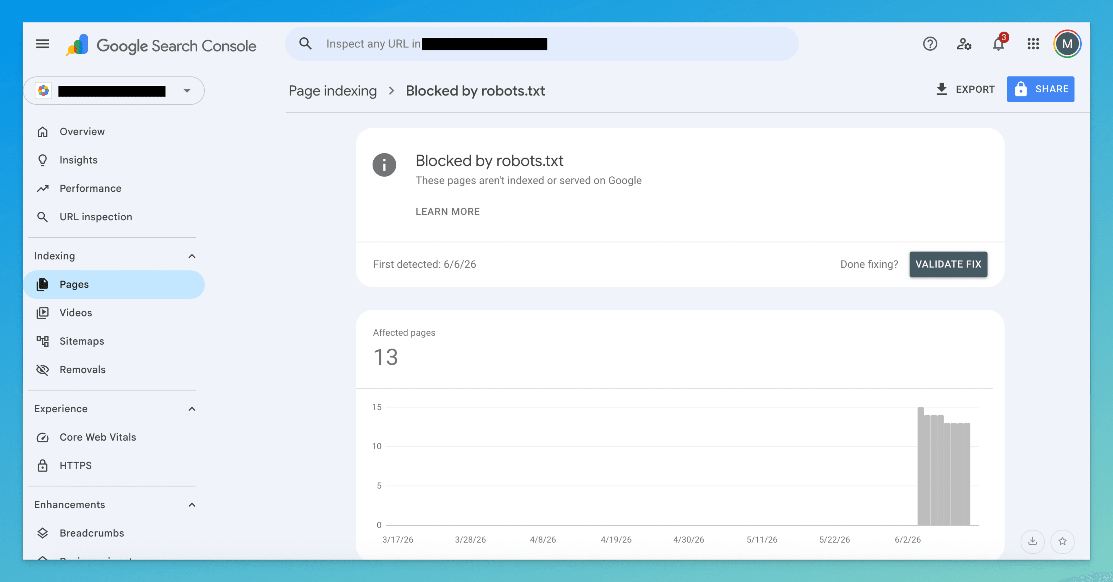 Google Search Console Pages report filtered to 'Blocked by robots.txt', showing the affected-page count and trend.