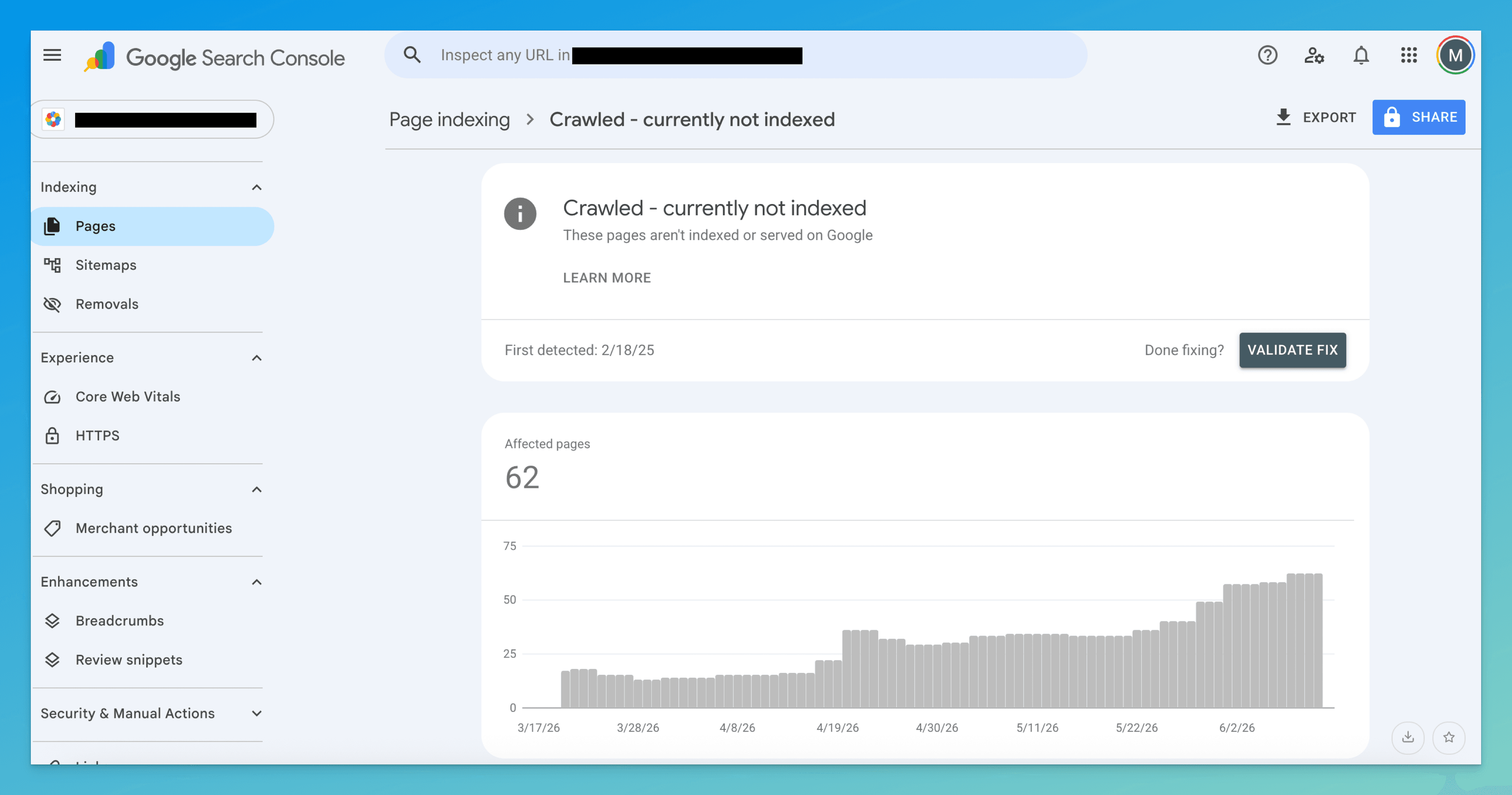 Google Search Console Pages report filtered to 'Crawled - currently not indexed', showing 62 affected pages and the trend over time.