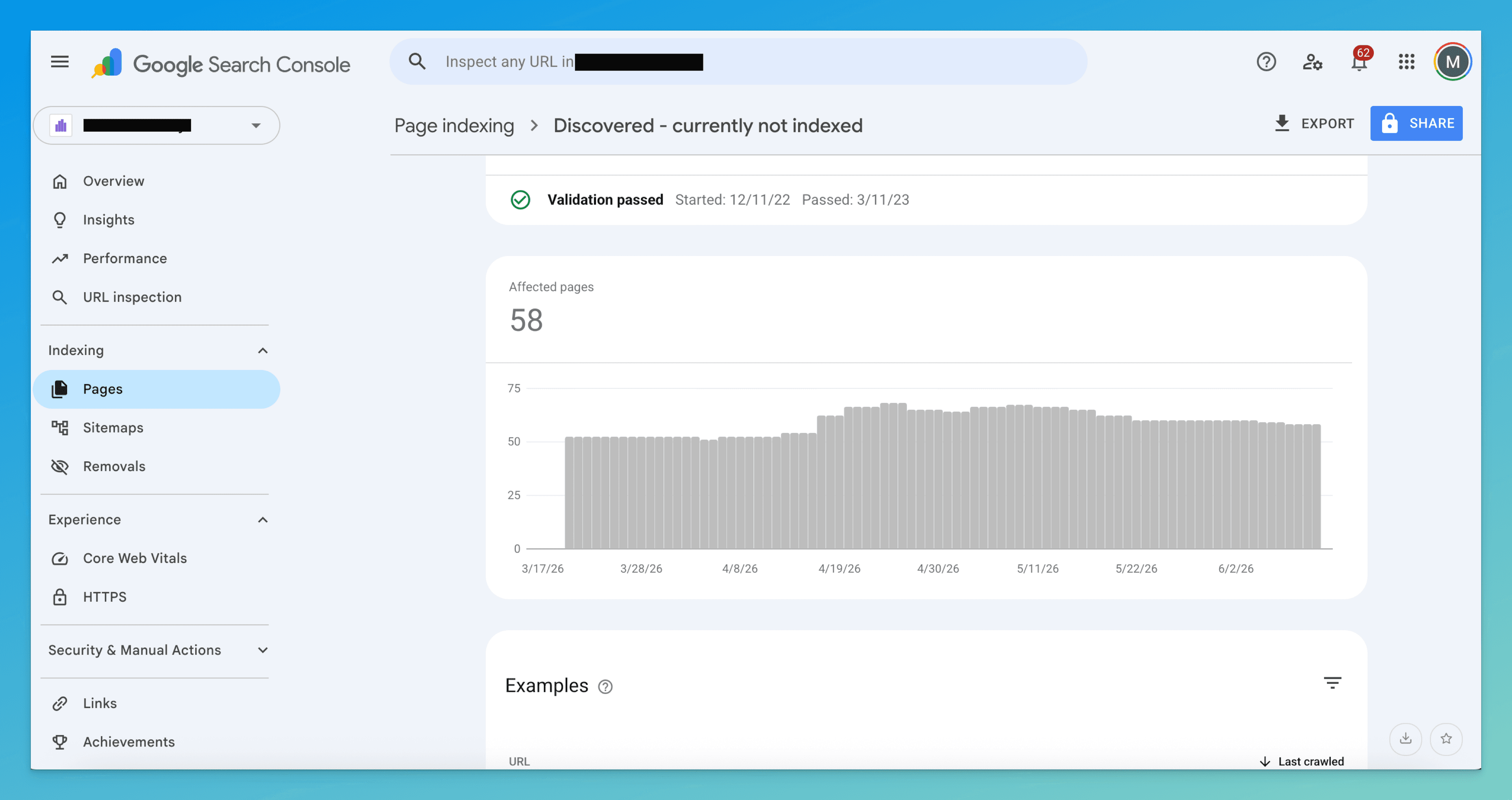 Google Search Console Pages report filtered to 'Discovered - currently not indexed', showing the affected-page count and trend.