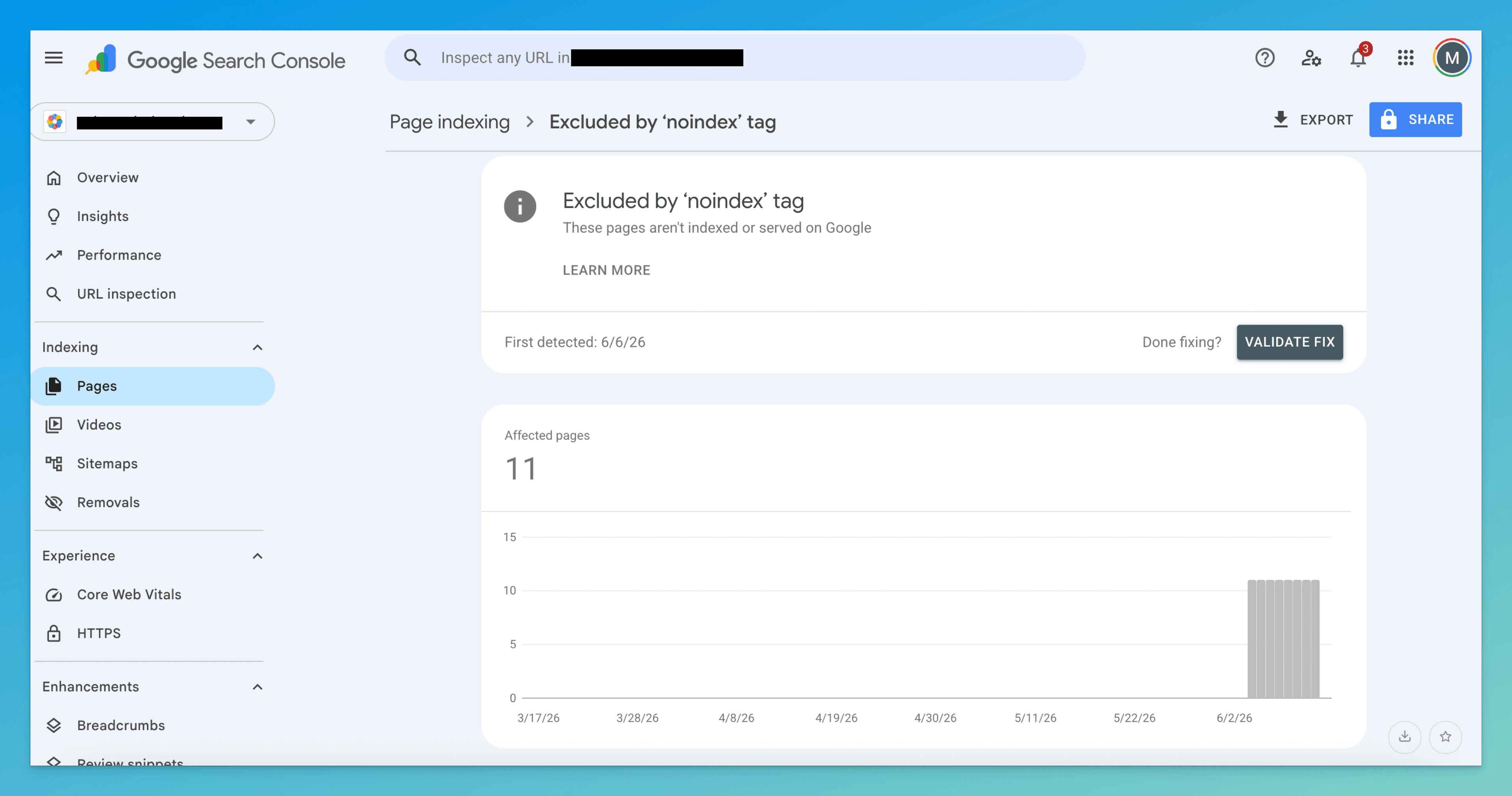 Google Search Console Pages report filtered to 'Excluded by noindex tag', showing the affected-page count and trend.