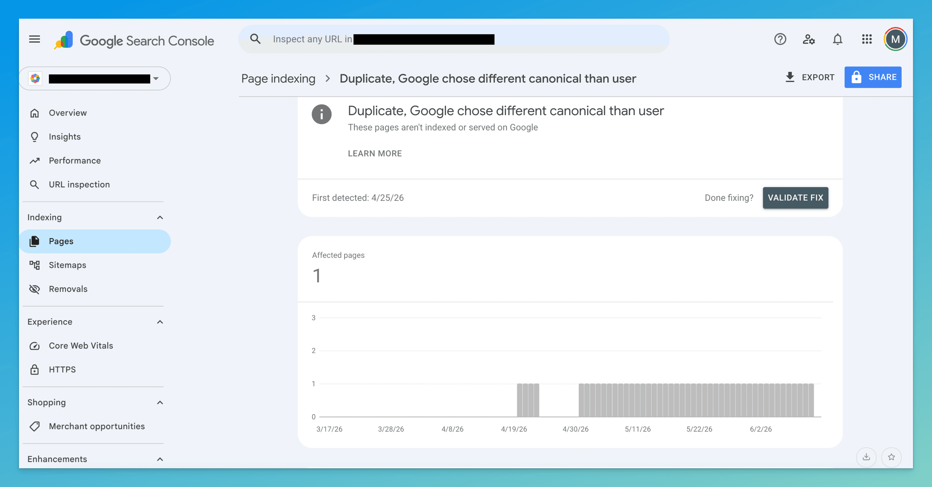 Google Search Console Pages report filtered to 'Duplicate, Google chose different canonical than user', showing the affected-page count and trend.